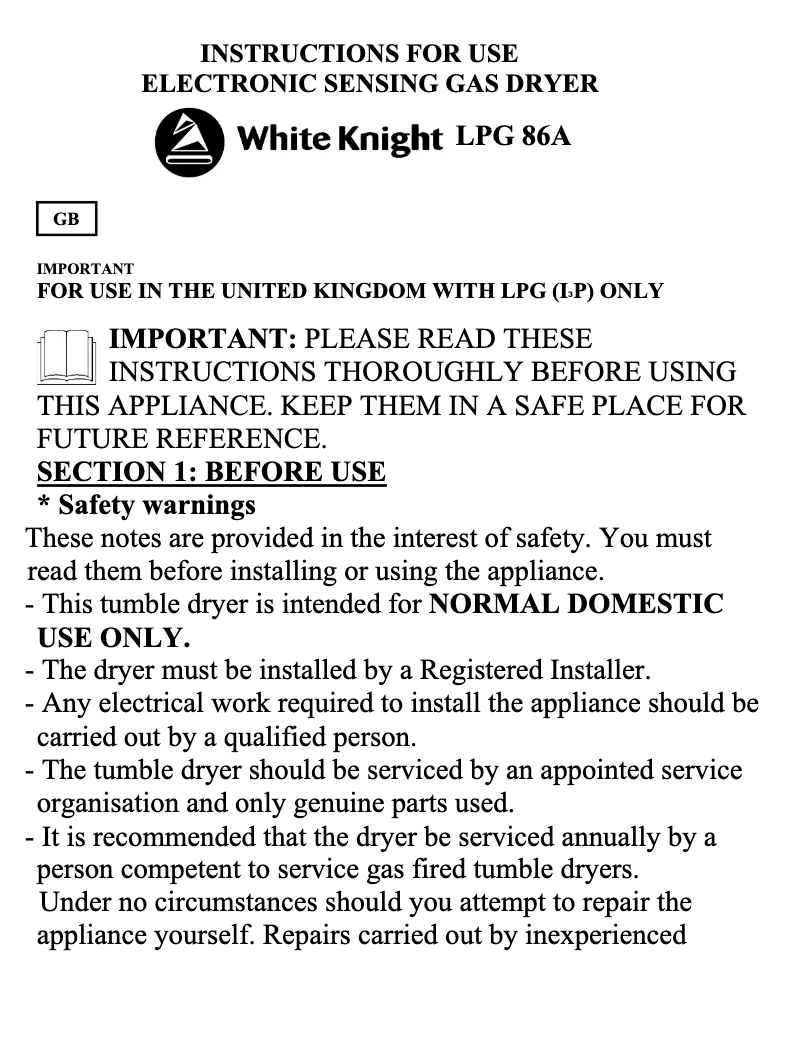 Página 1 del manual Manual de usuario White Knight LPG86A