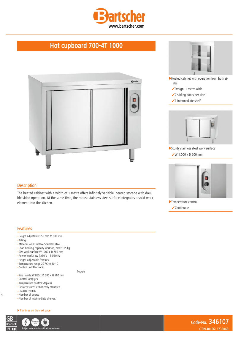 Página 1 del manual Ficha técnica Bartscher 700-4T 1000