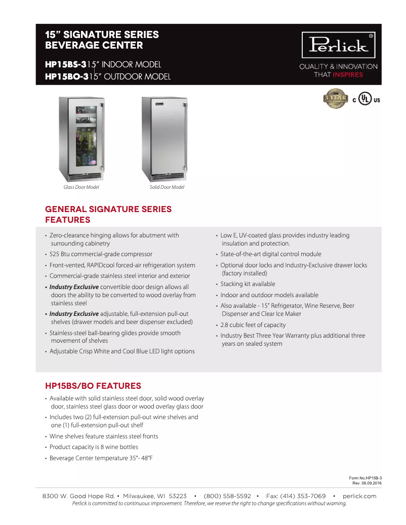 Página 1 del manual Ficha técnica Perlick Signature Series HP15BO-3-1R