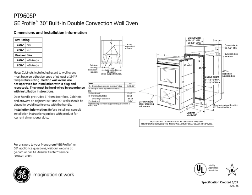 Página 1 del manual Ficha técnica GE Profile PT960SPSS