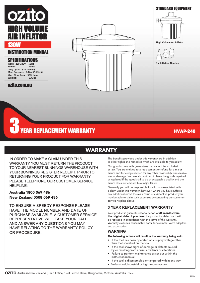 Página 1 del manual Manual de usuario Ozito HVAP-240