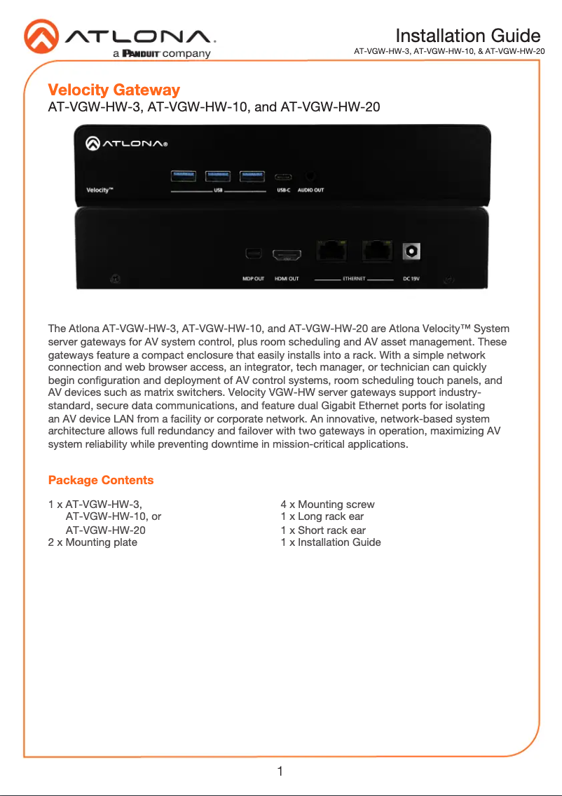 Imagen de la primera página del manual del dispositivo AT-VGW-HW