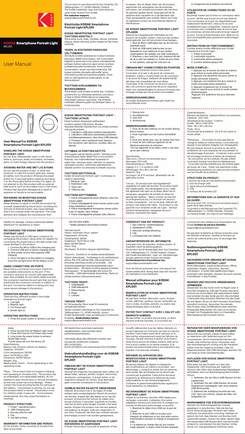 Página nº 1 - Manual de usuario Kodak Smartphone Portrait Light KPL001