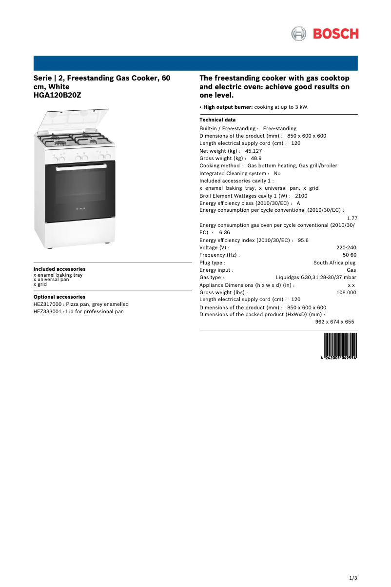 Página nº 1 - Ficha técnica Bosch HGA120B20Z