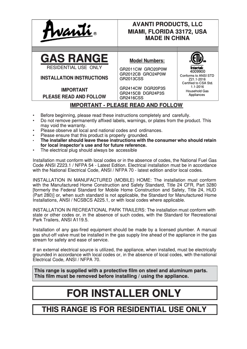 Página nº 1 - Guía de instalación Avanti GR2415CB