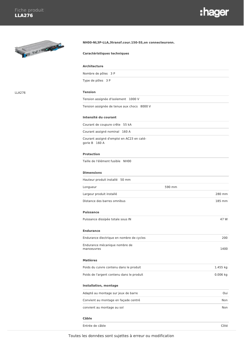 Página 1 del manual Ficha técnica Hager LLA276