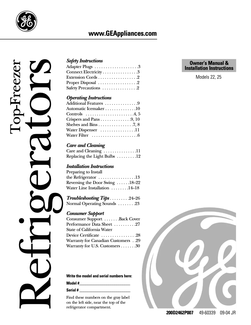 Página 1 del manual Guía de instalación GE GTS22WSTSS