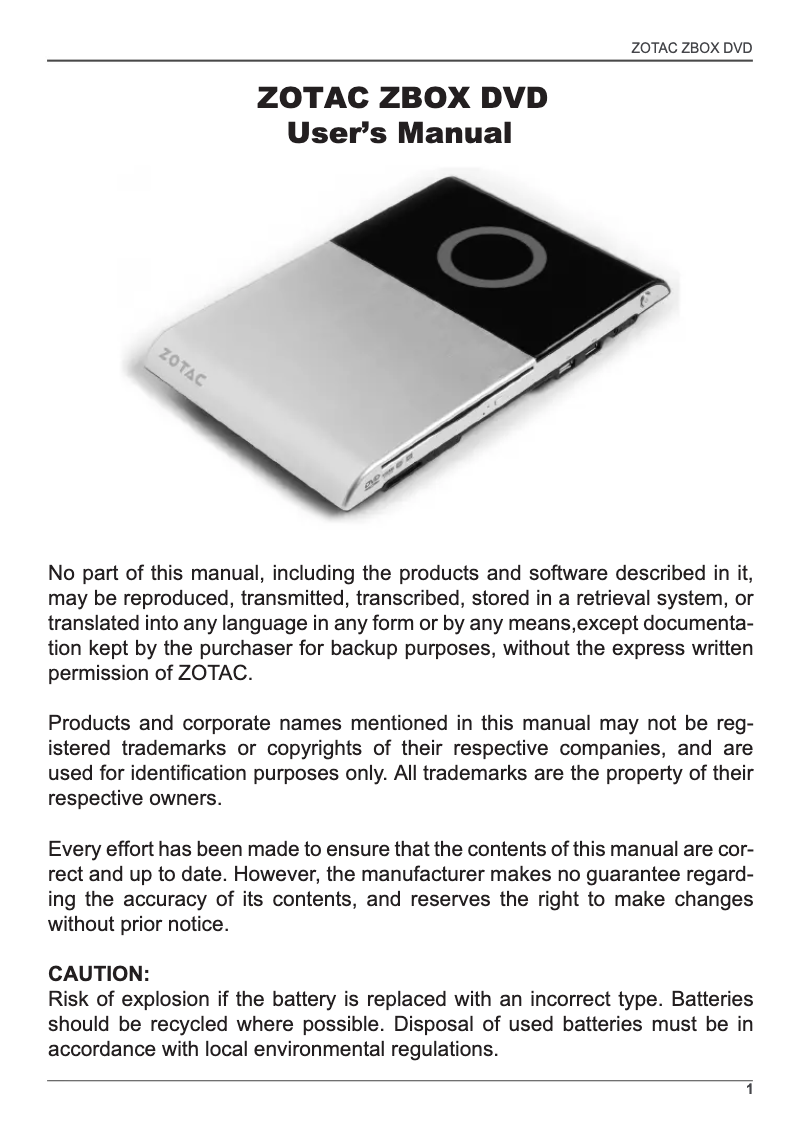 Imagen de la primera página del manual del dispositivo ZBOX DVD ID37