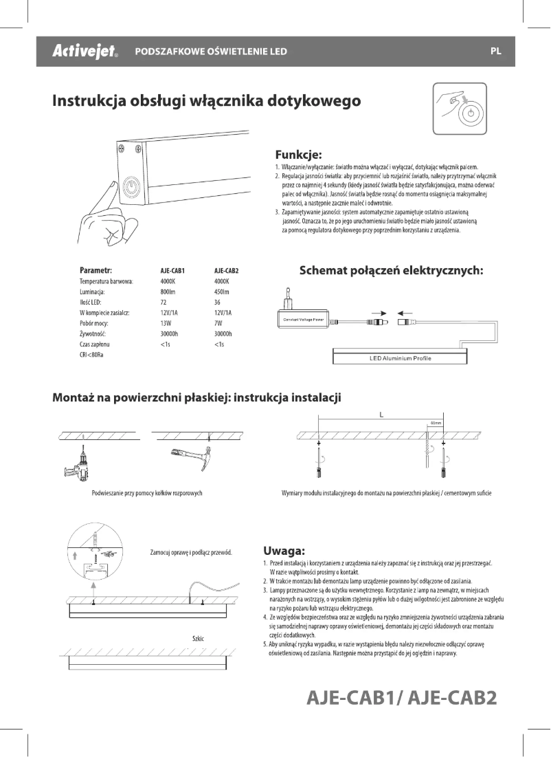 Imagen de la primera página del manual del dispositivo Activejet AJE-CAB1