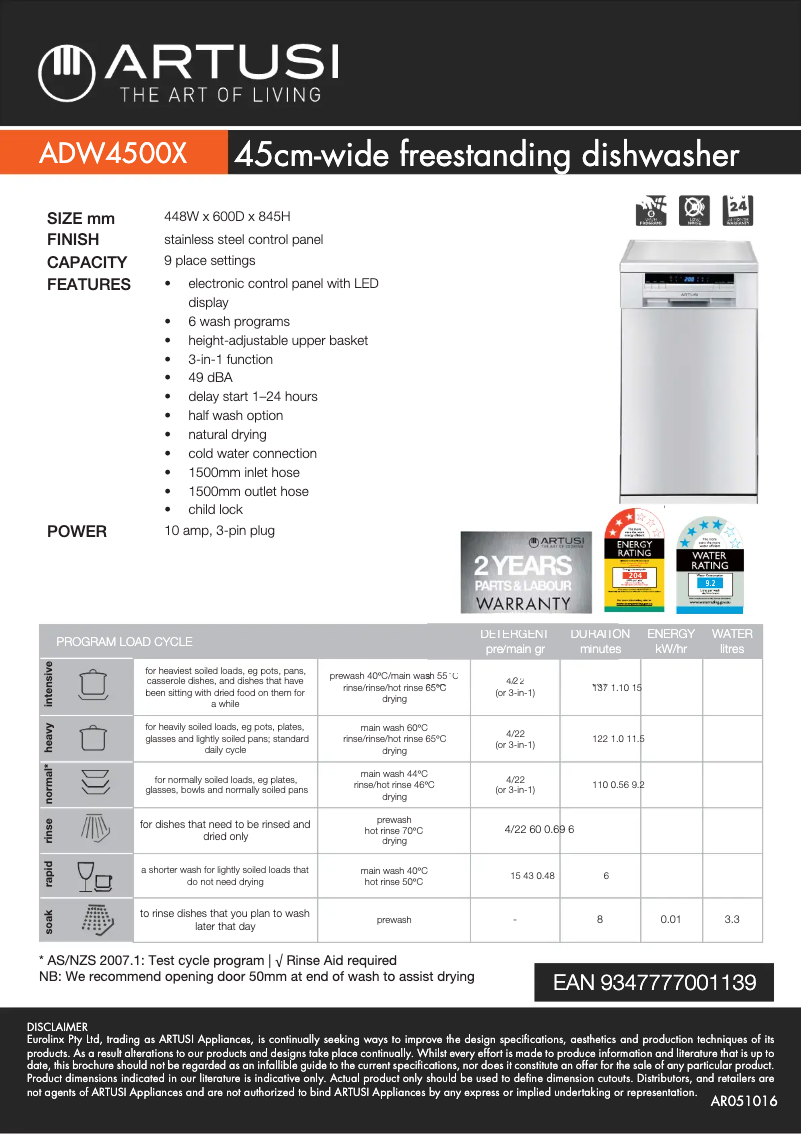 Página nº 1 - Ficha técnica Artusi ADW4500X