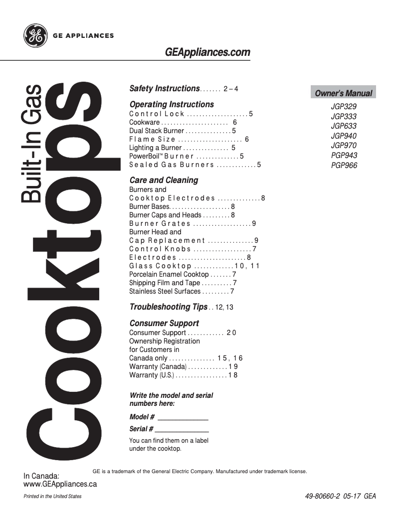 Imagen de la primera página del manual del dispositivo JGP333DETBB
