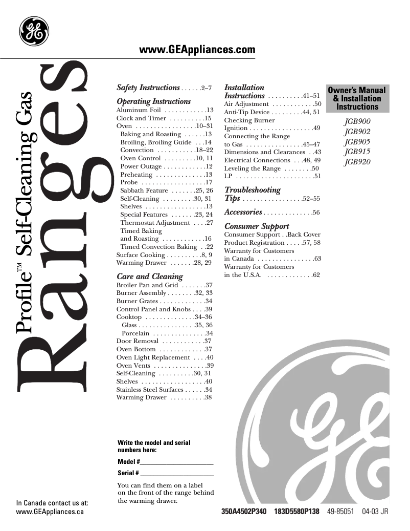 Imagen de la primera página del manual del dispositivo JGB905BEFBB