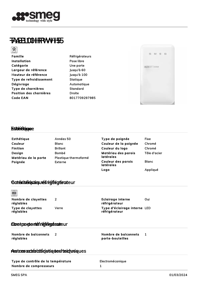 Página 1 del manual Ficha técnica Smeg FAB10HRWH5