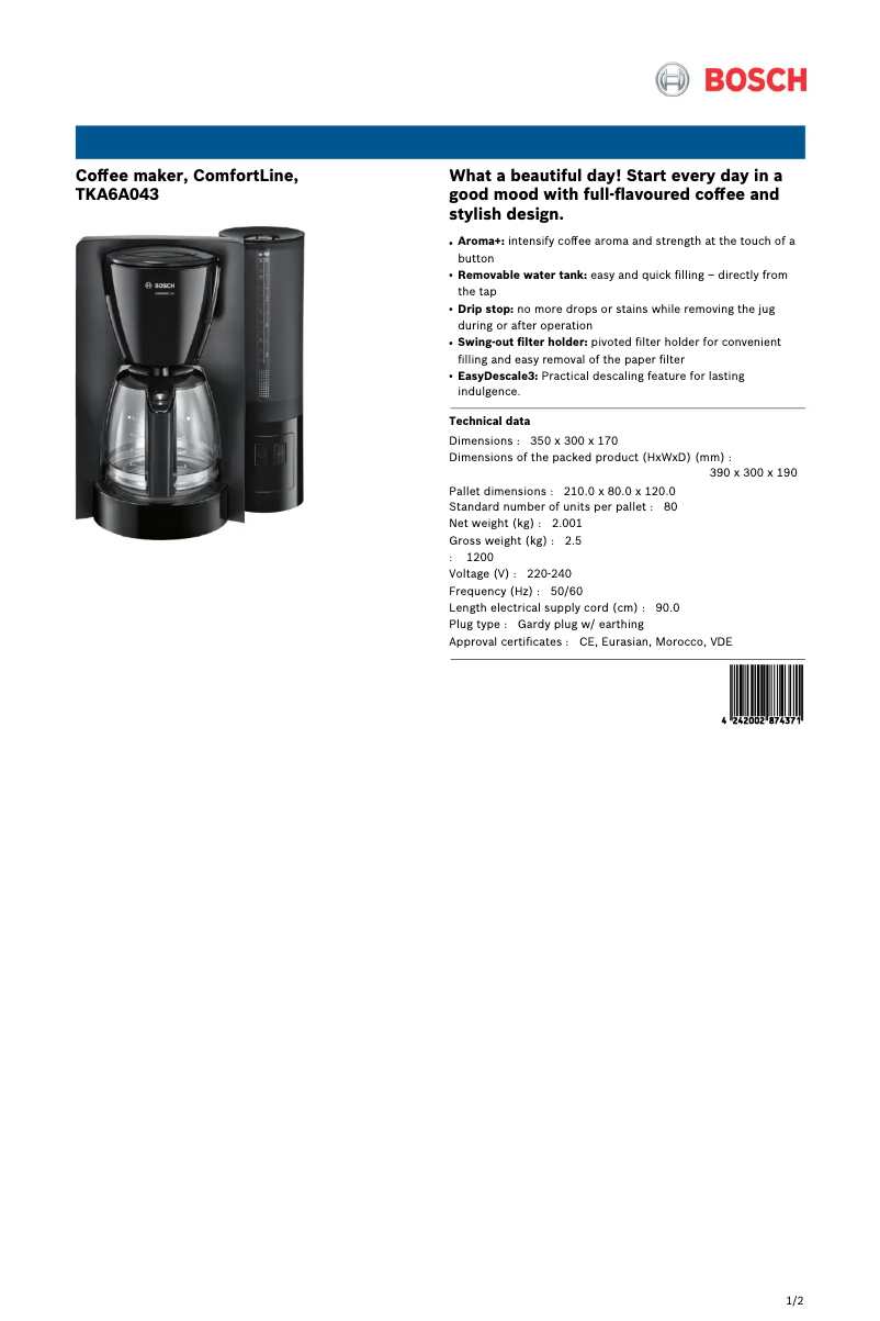 Página 1 del manual Ficha técnica Bosch ComfortLine TKA6A043