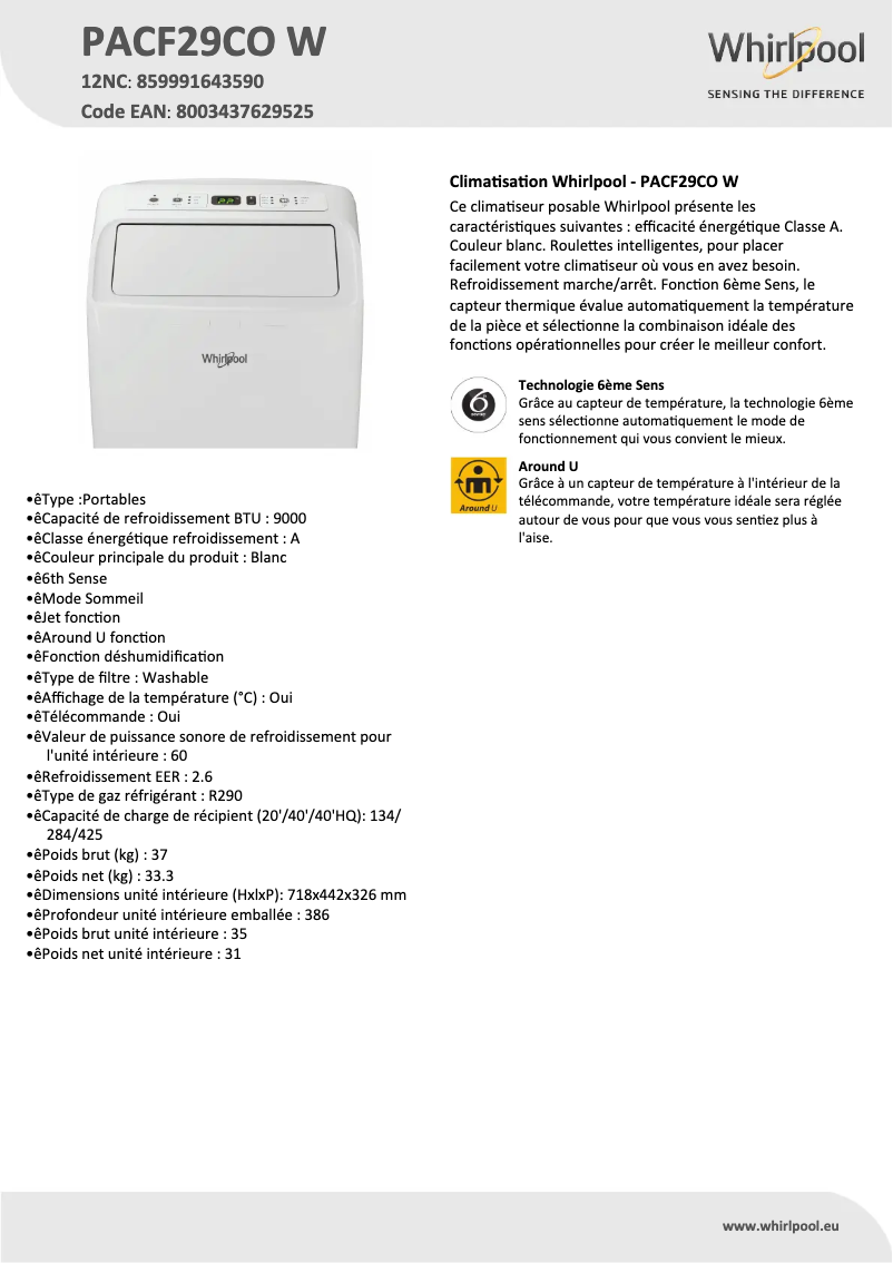 Página nº 1 - Ficha técnica Whirlpool PACF29CO