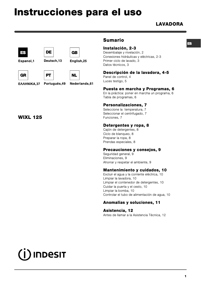 Página 1 del manual Manual de usuario Indesit WIXL 125 (EX) (V)