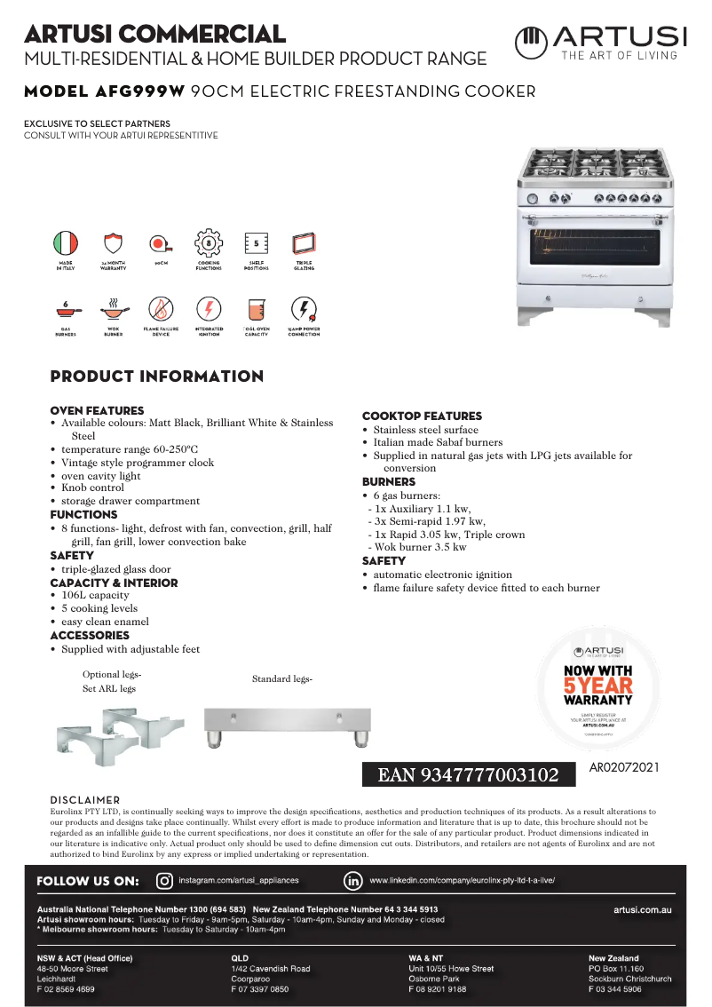 Página 1 del manual Ficha técnica Artusi AFG999W