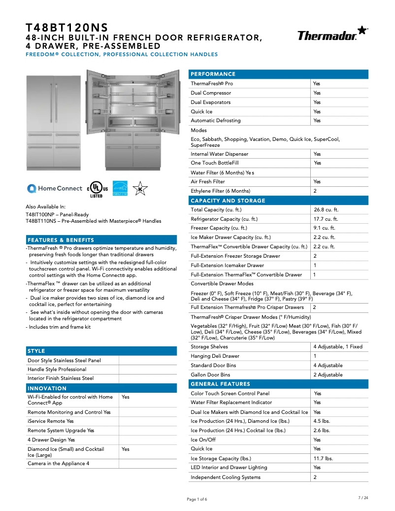 Página 1 del manual Ficha técnica Thermador T48BT120NS