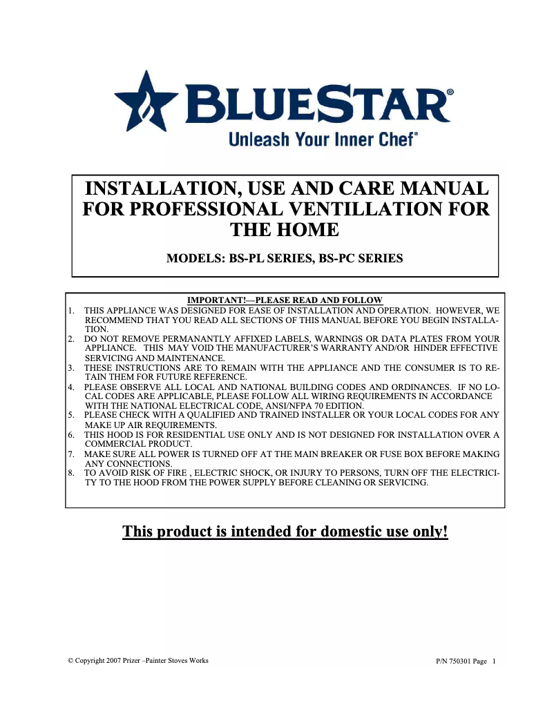 Página 1 del manual Manual de usuario BlueStar PL042ML