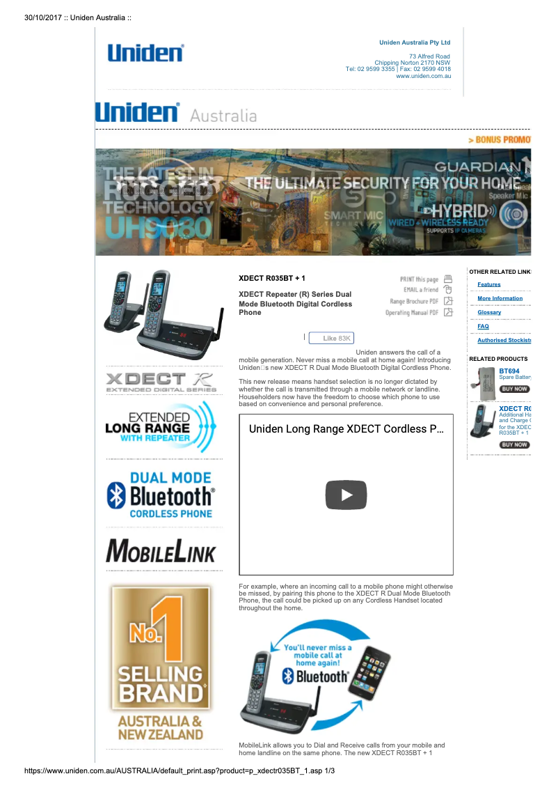 Página 1 del manual Manual de usuario Uniden XDECT R035BT