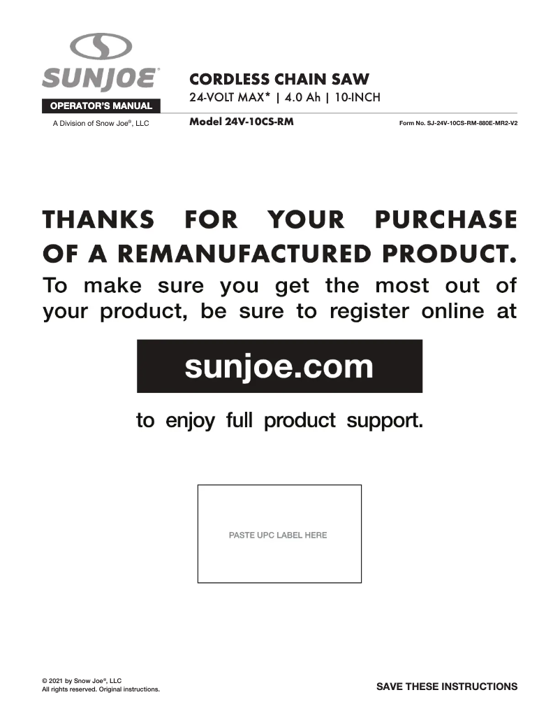 Página 1 del manual Manual de usuario Sun Joe 24V-10CS-RM