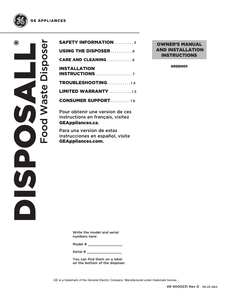 Página 1 del manual Manual de uso y mantenimiento GE GREEN05P