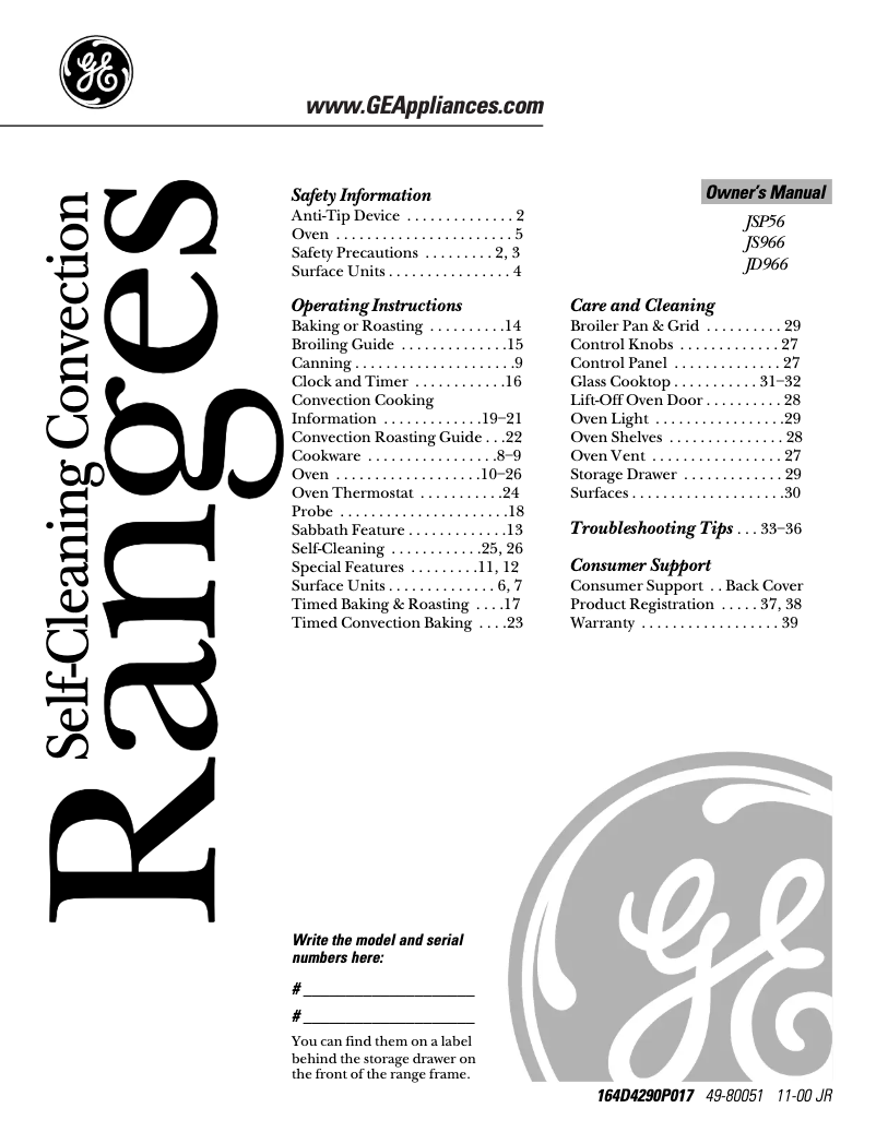 Imagen de la primera página del manual del dispositivo Profile JS966TDWW