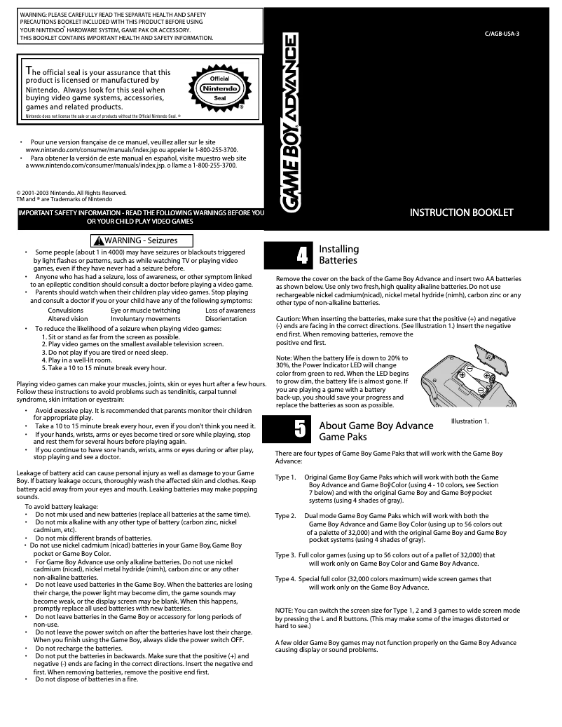 Página 1 del manual Instrucciones / montaje Nintendo Game Boy Advance