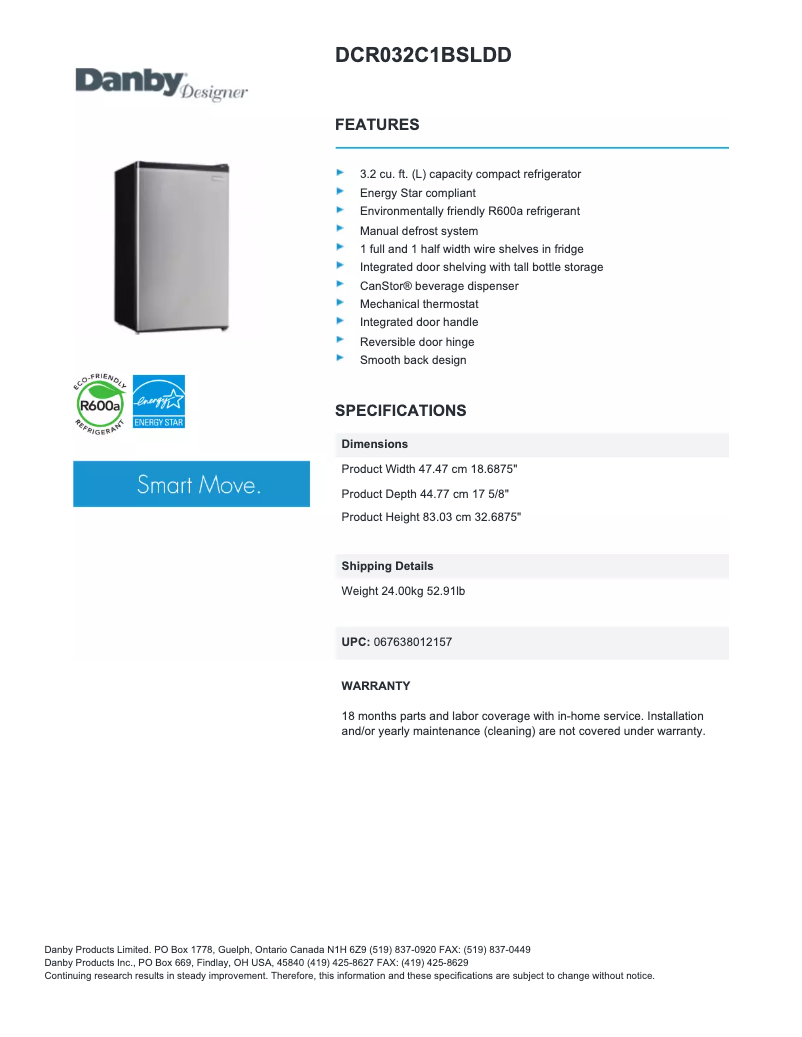 Página nº 1 - Ficha técnica Danby DCR032C1