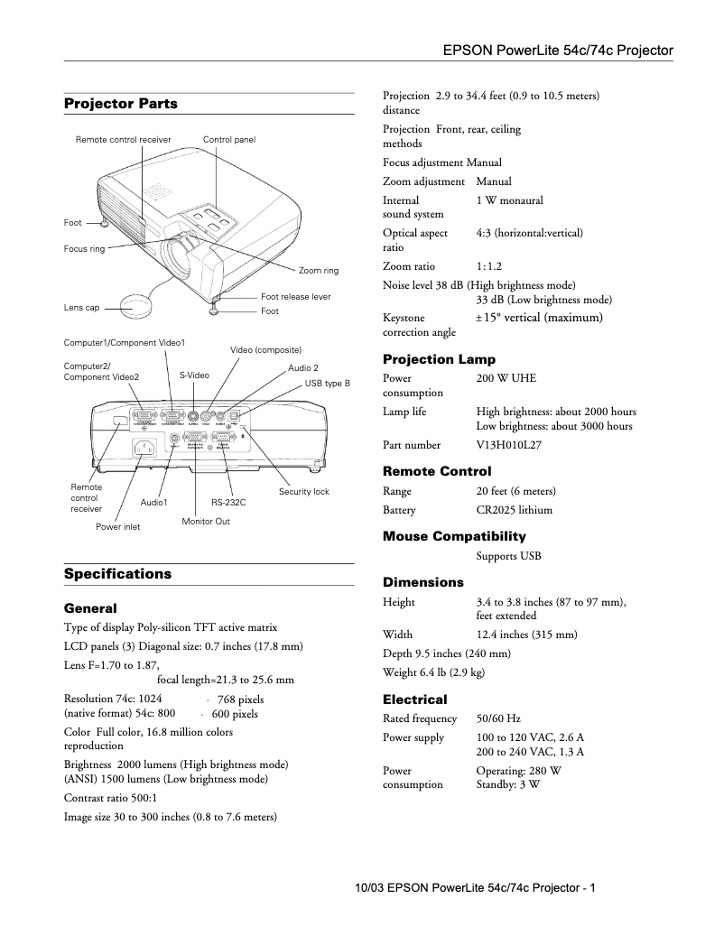 Imagen de la primera página del manual del dispositivo PowerLite 74c