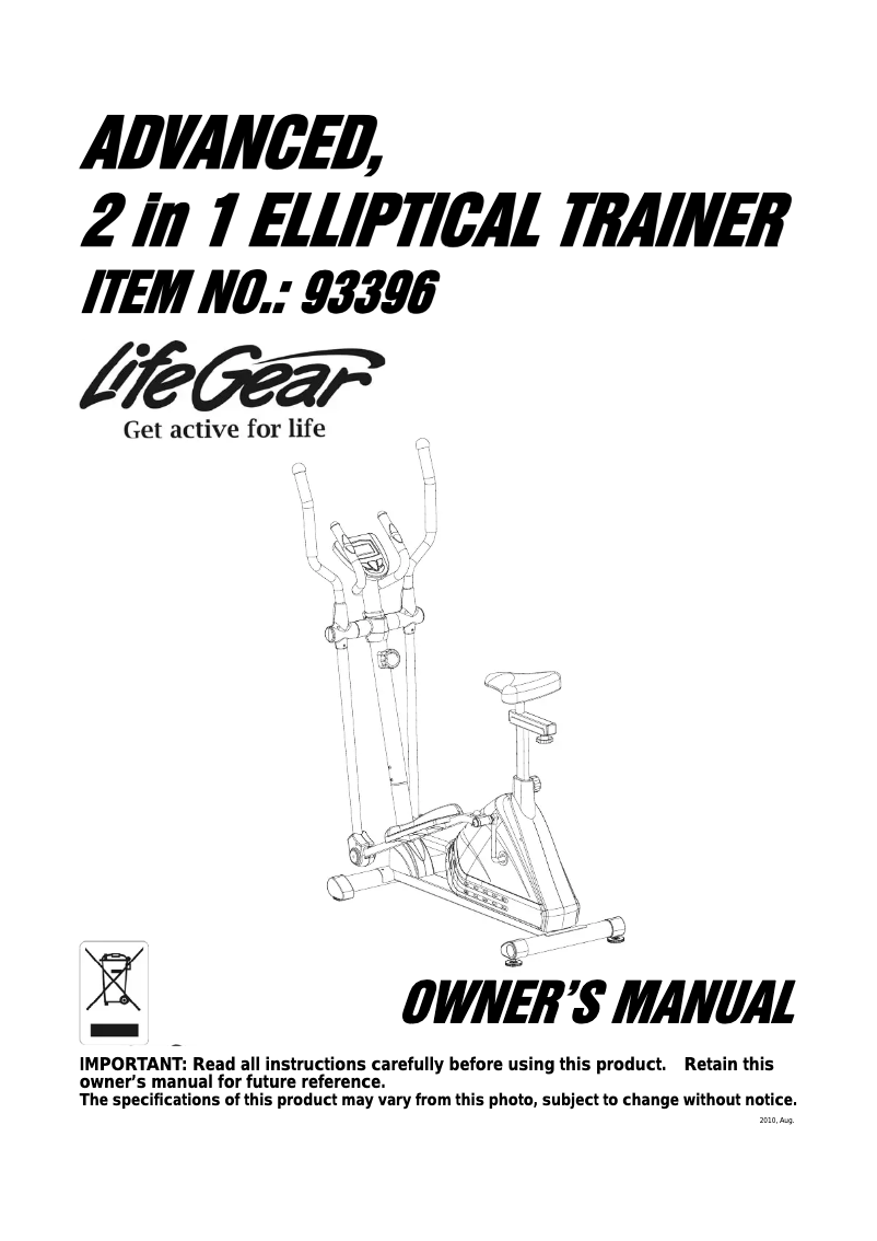 Página 1 del manual Manual de usuario Life Gear Advanced 2 in 1 Elliptical Trainer 93396