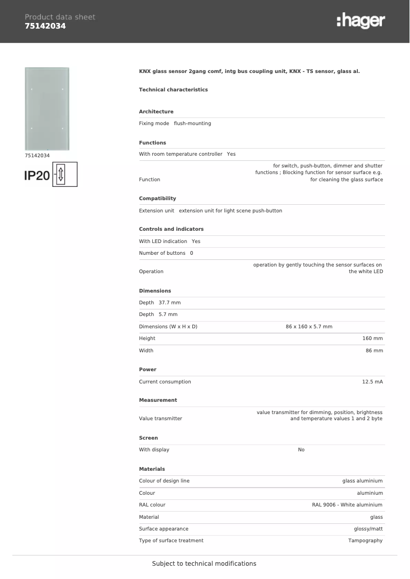 Página 1 del manual Ficha técnica Hager 75142034