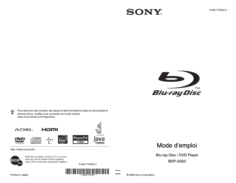 Imagen de la primera página del manual del dispositivo BDP-S550