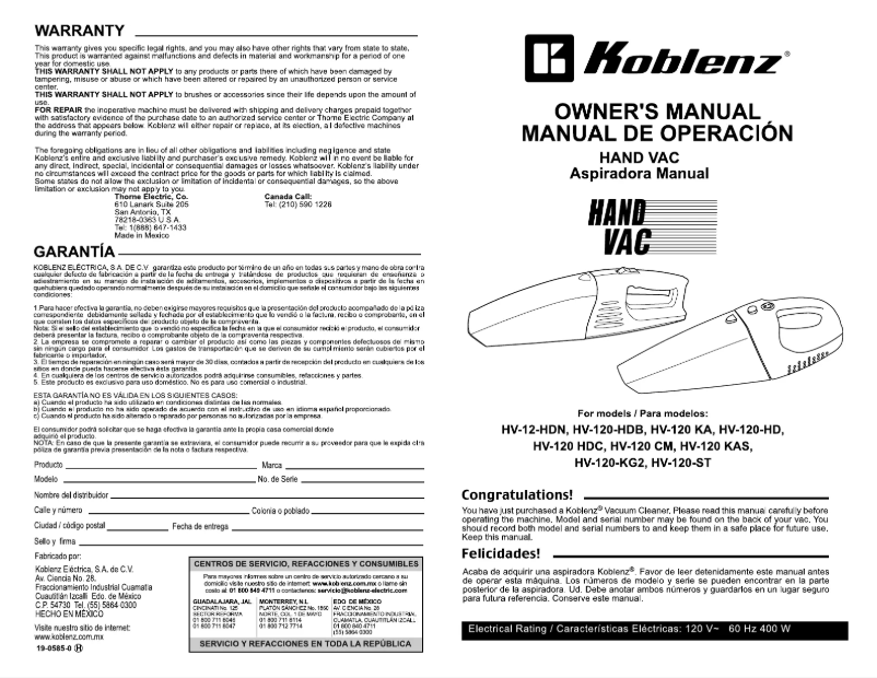 Imagen de la primera página del manual del dispositivo HV-120 CM
