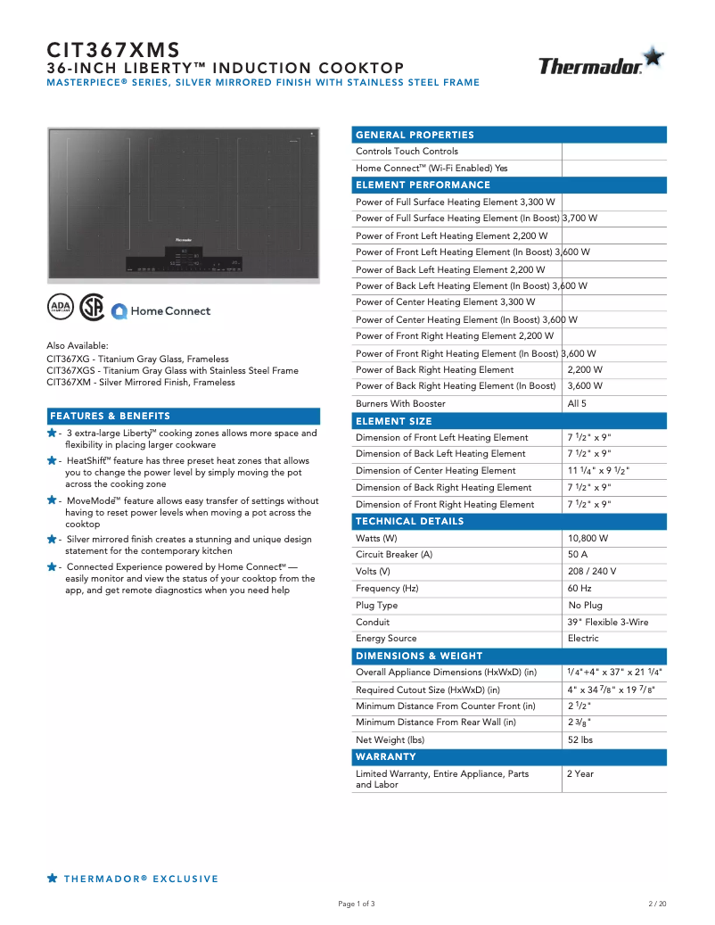 Página 1 del manual Ficha técnica Thermador CIT367XMS