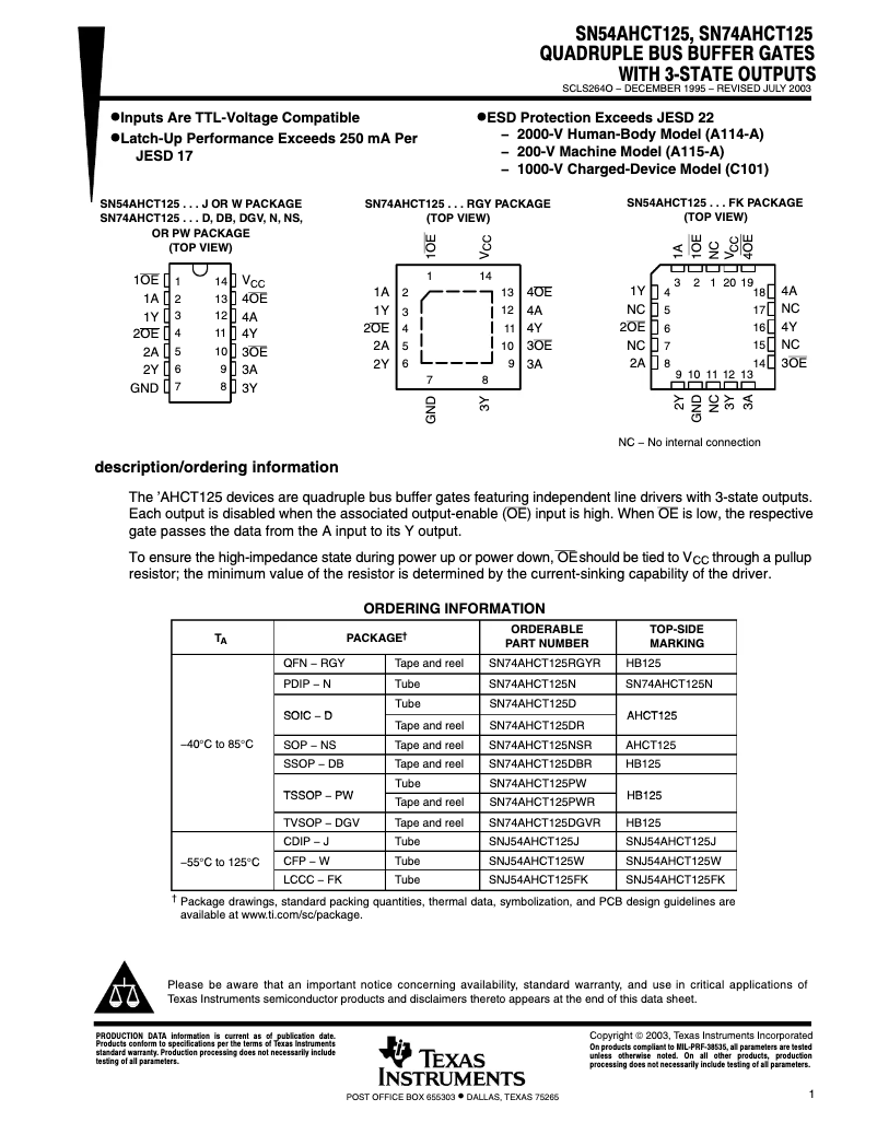 Imagen de la primera página del manual del dispositivo SN74AHCT125PWR