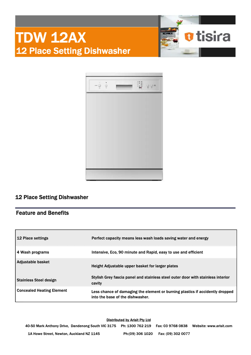 Página 1 del manual Ficha técnica Tisira TDW12AX