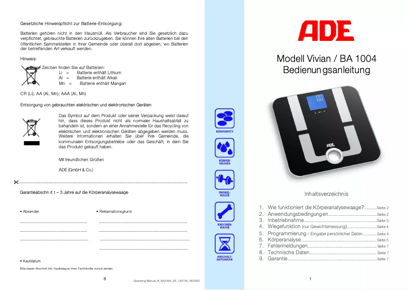 Imagen de la primera página del manual del dispositivo Vivian BA 1004