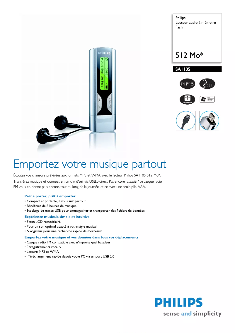 Página 1 del manual Ficha técnica Philips SA1105