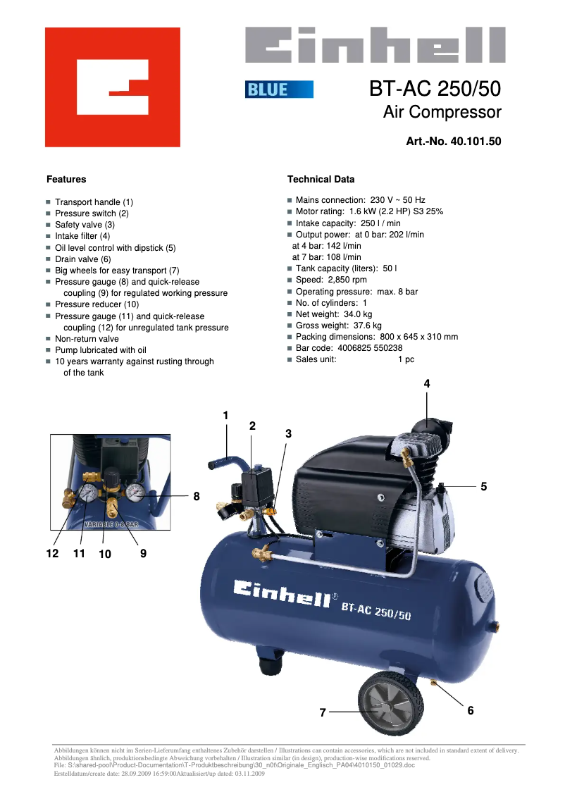 Página nº 1 - Ficha técnica Einhell BT-AC 250/50