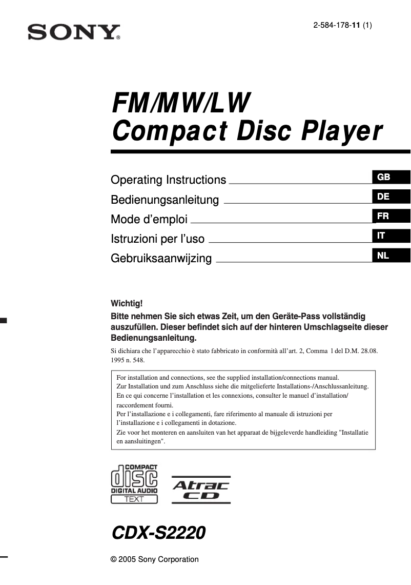 Imagen de la primera página del manual del dispositivo CDX-S2220S