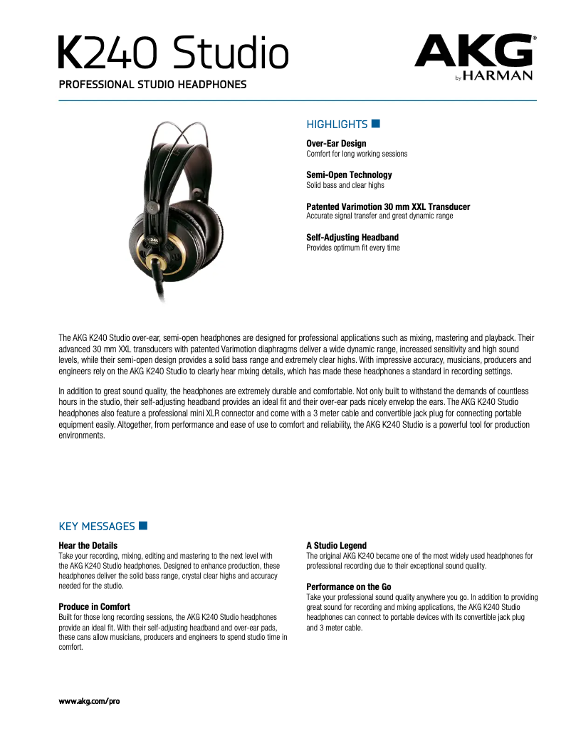 Página 1 del manual Ficha técnica AKG K240 Studio