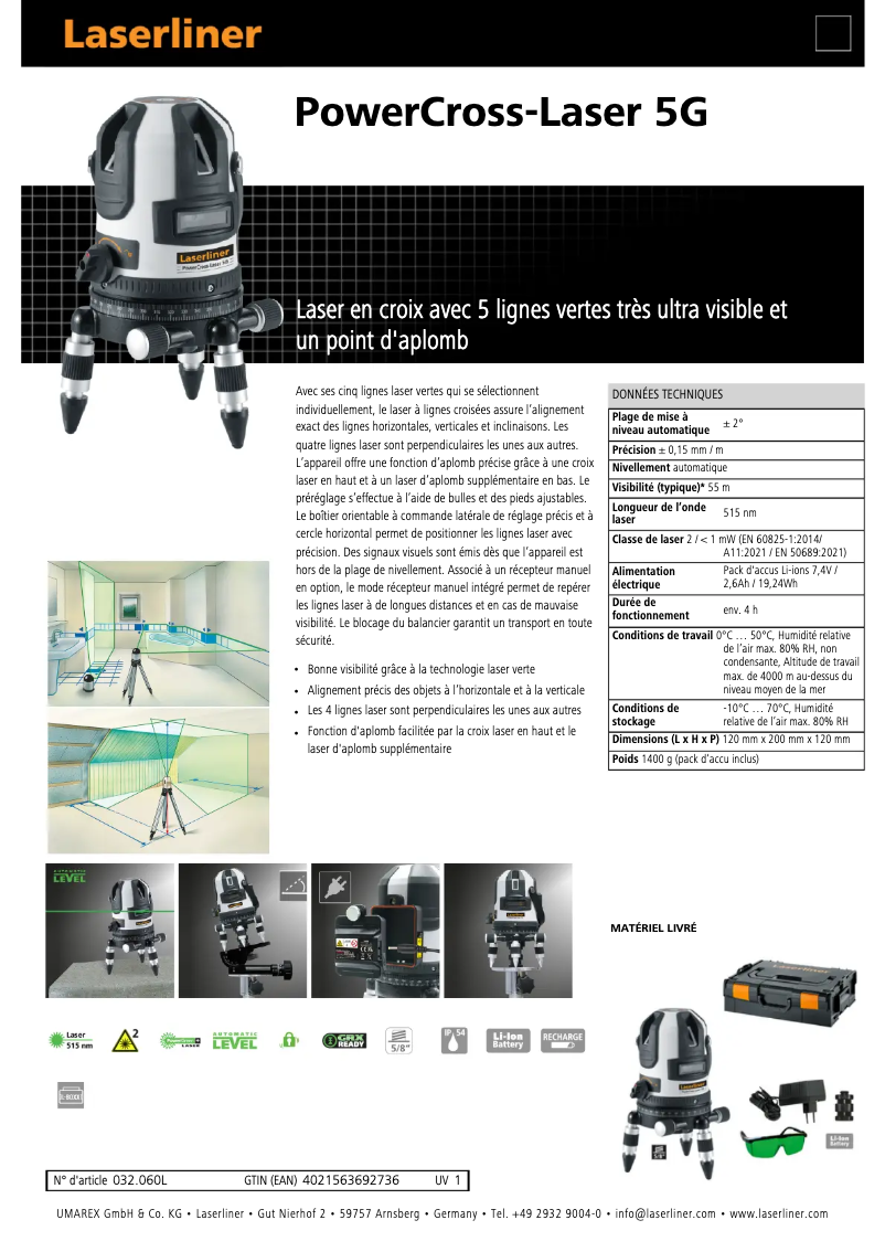 Página 1 del manual Ficha técnica Laserliner PowerCross-Laser 5G