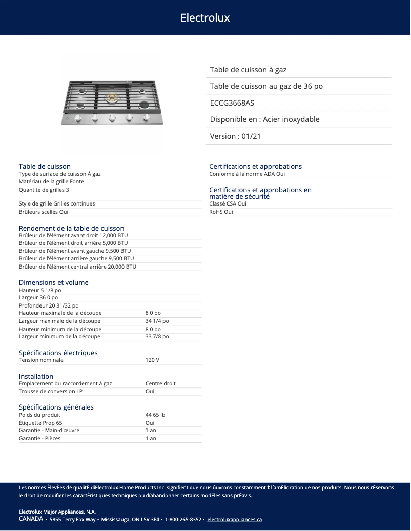 Página 1 del manual Ficha técnica Electrolux ECCG3668AS