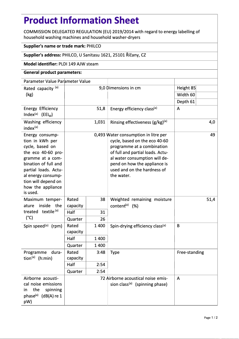 Página 1 del manual Ficha técnica Philco PLDI 149 AJW steam