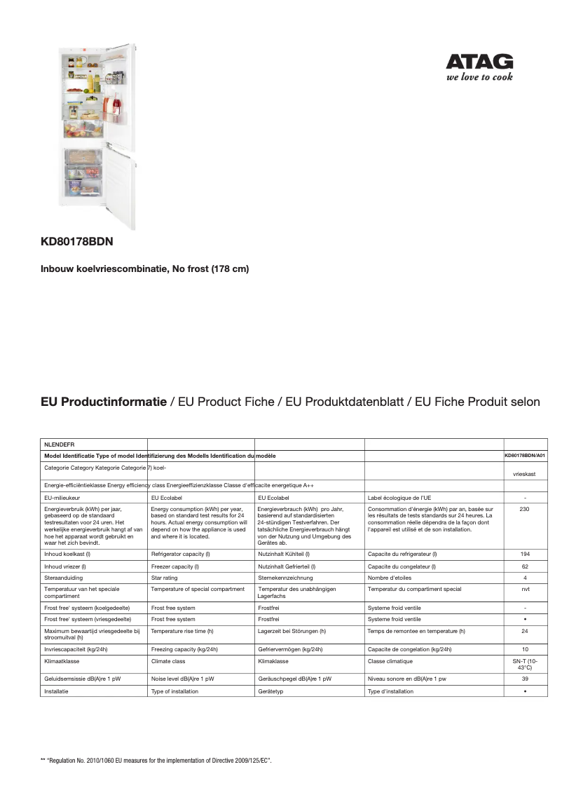 Página 1 del manual Ficha técnica Atag KD80178BDN