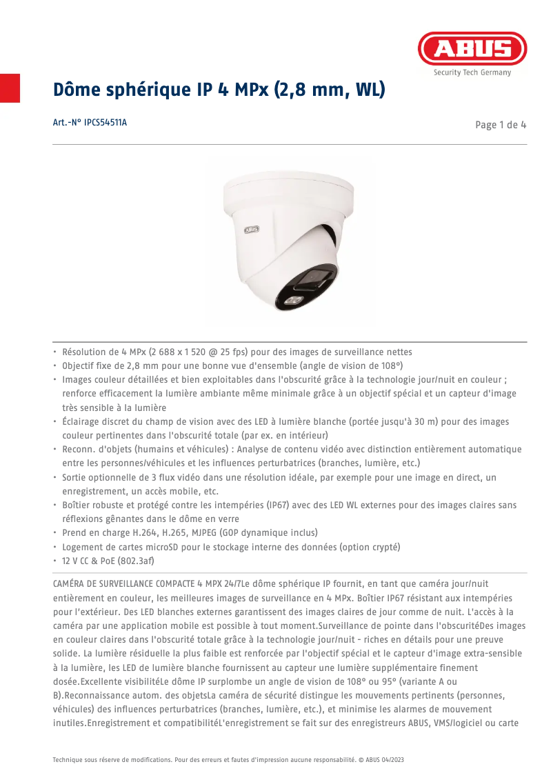 Página 1 del manual Ficha técnica Abus IPCS54511A