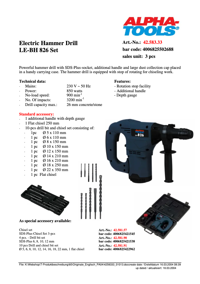 Página 1 del manual Ficha técnica Alpha Tools BH 826