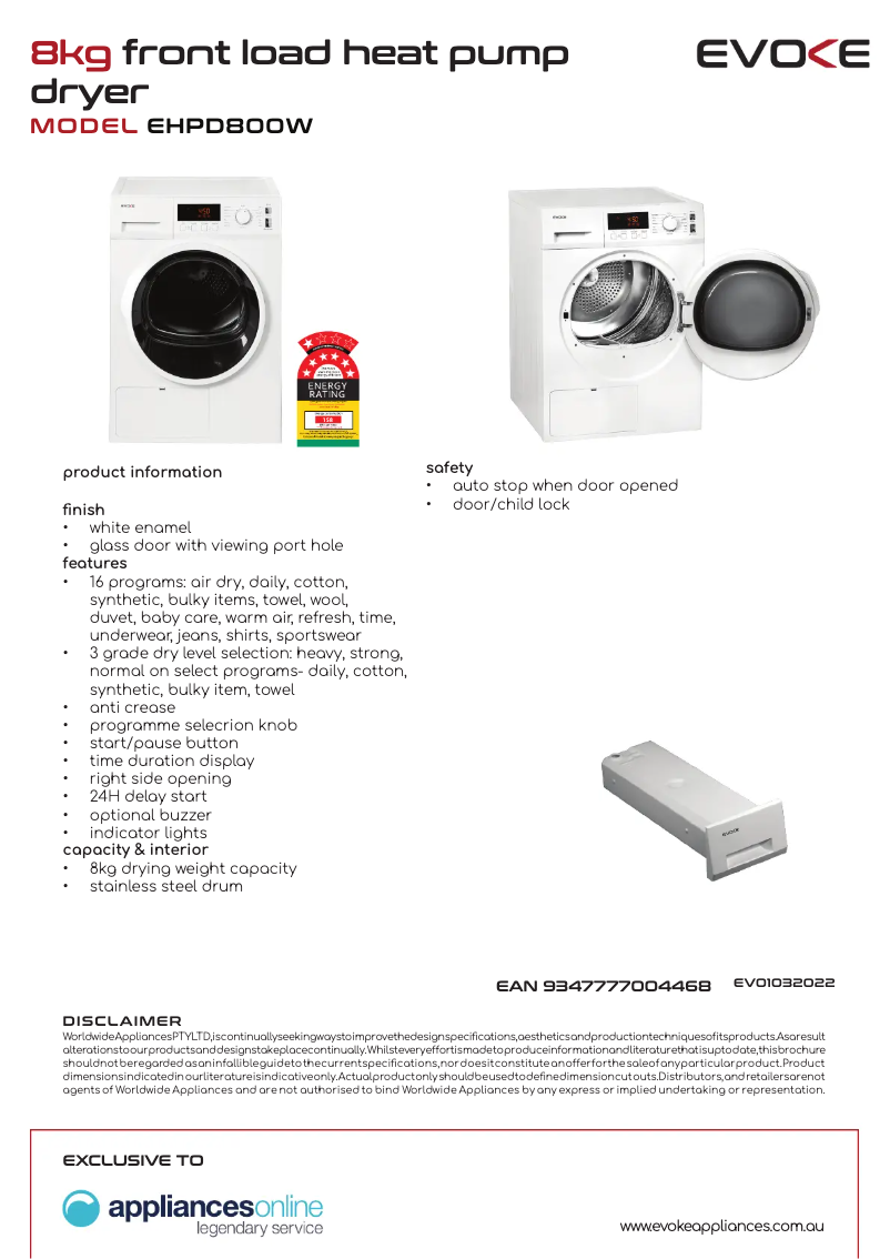 Página 1 del manual Ficha técnica Evoke EHPD800W