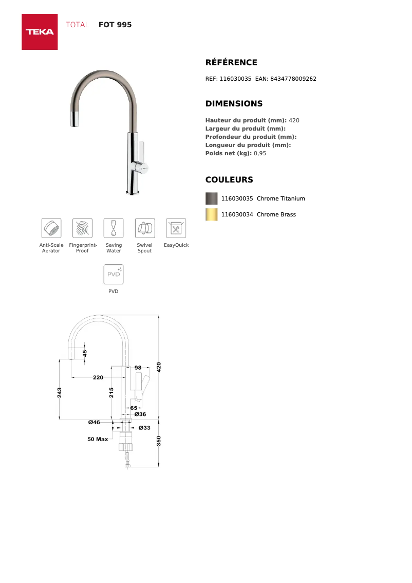 Página 1 del manual Ficha técnica Teka FOT 995